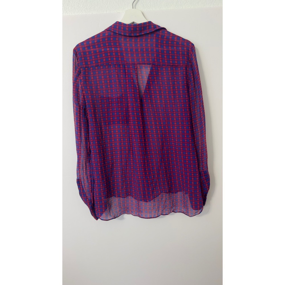 Diane von Furstenberg Silk Blouse Womens 10 Purple Red Sheer High-Low Geometric